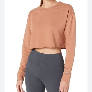 ​Alo Yoga Fierce Distressed Cropped Pullover Sweatshirt Womens L Copper Brown